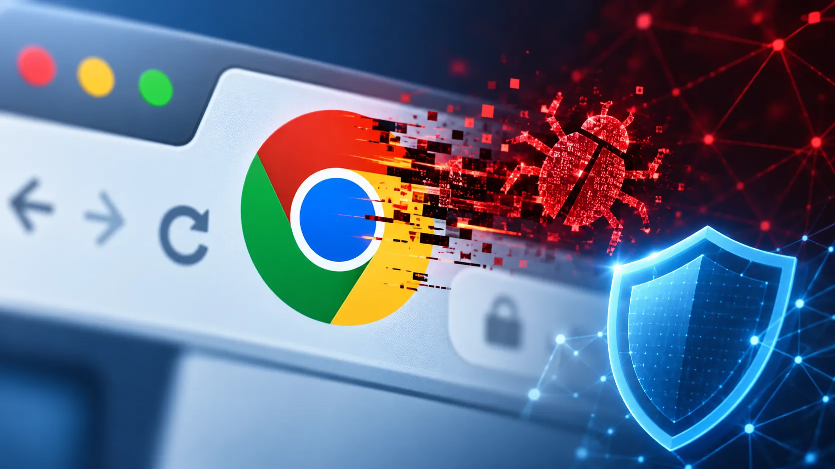 Logo de Google Chrome face à une menace numérique et à un bouclier de protection