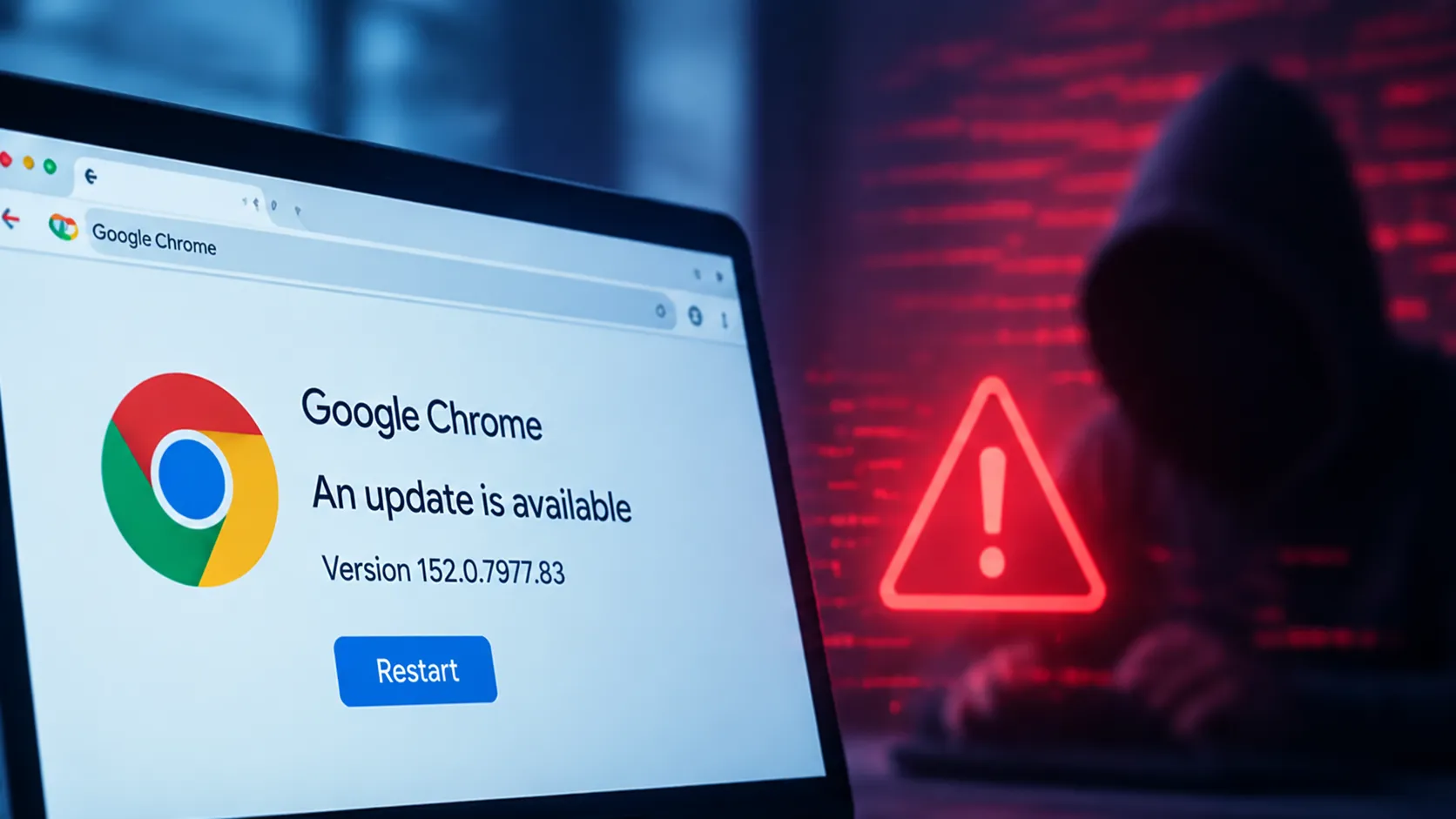Illustration d’une mise à jour de Google Chrome avec un bouton de redémarrage et une alerte de sécurité