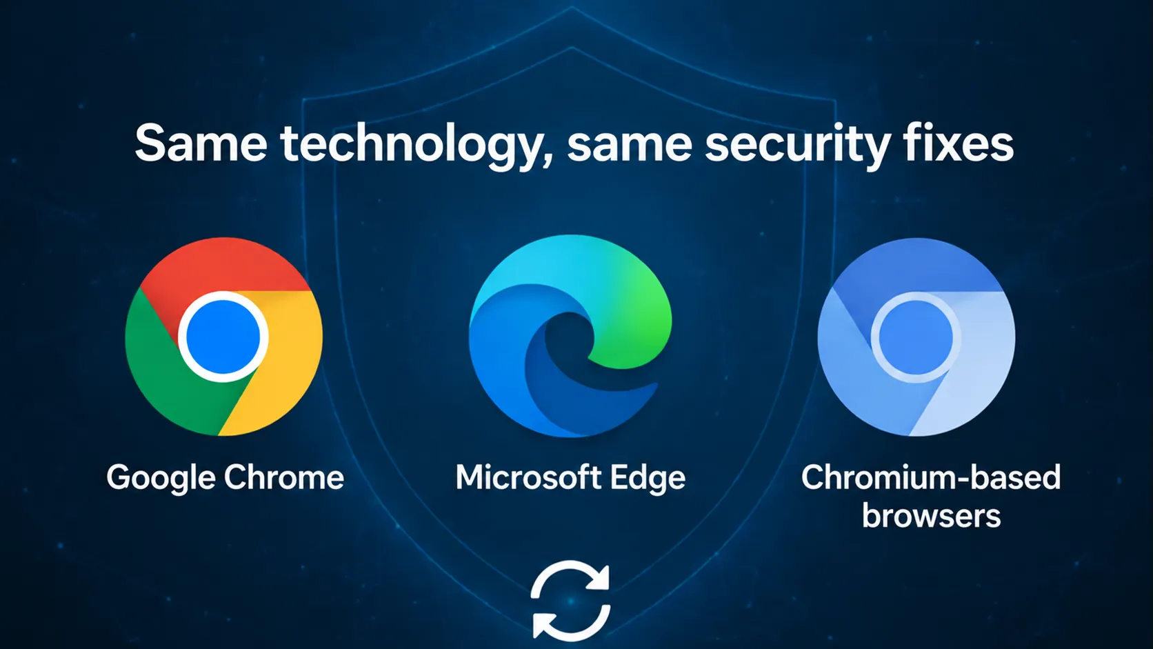 Logos de Google Chrome, Microsoft Edge et des navigateurs Chromium autour du symbole de mise à jour