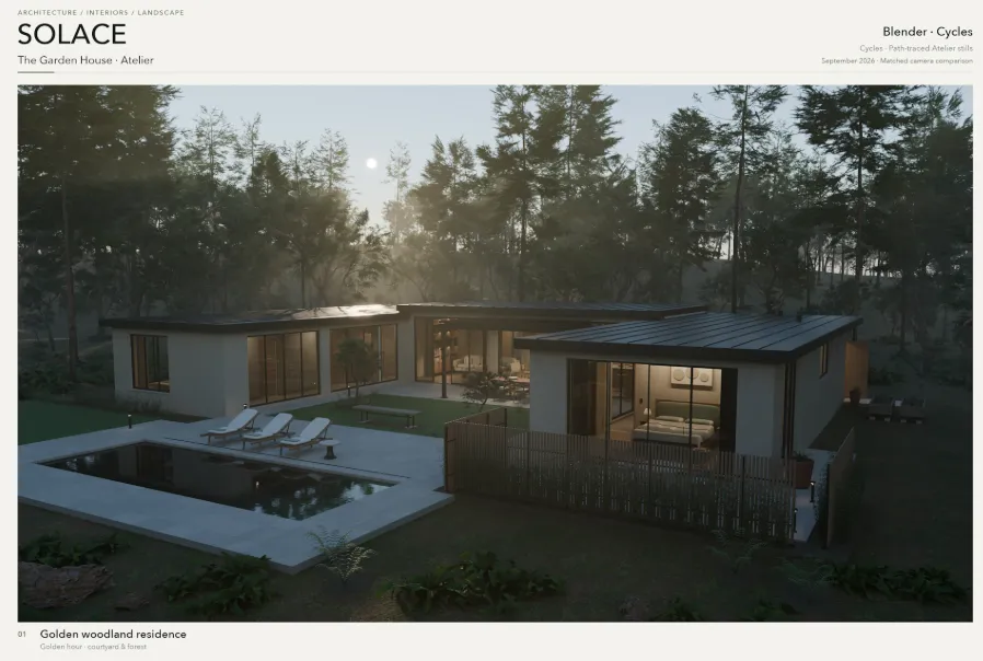 Rendu architectural dans Blender d’une maison avec piscine entourée d’arbres
