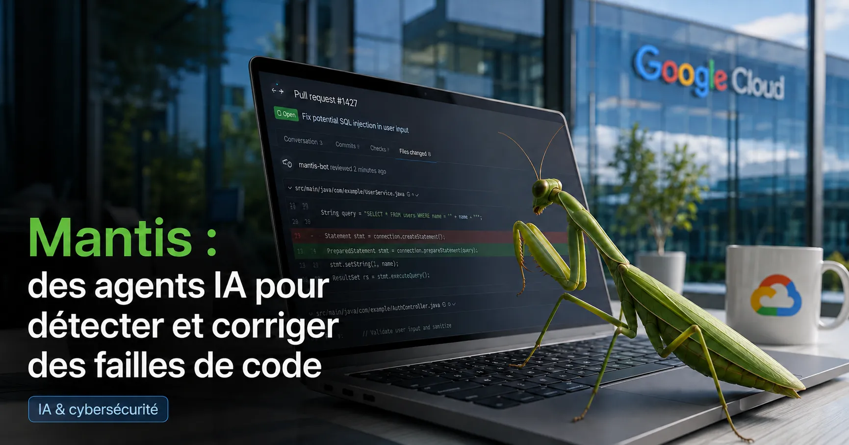 Mantis analyzing code to detect and correct vulnerabilities with AI agents