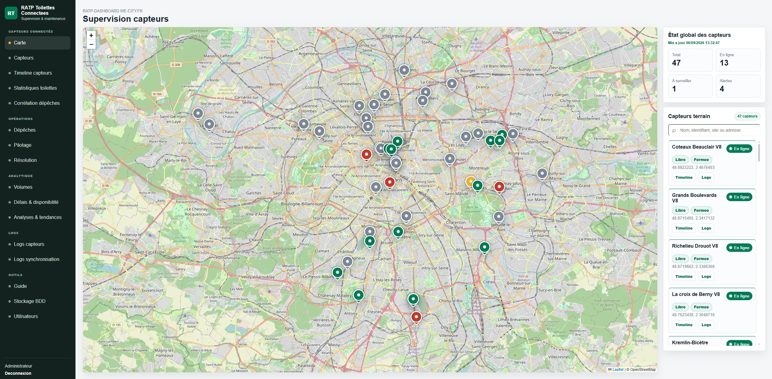La carte rassemble le parc, les états courants et les équipements à surveiller.